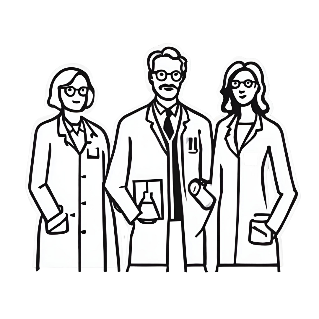 Tres profesionales de la ciencia en batas de laboratorio, sonriendo y compartiendo un momento en un entorno de investigación.