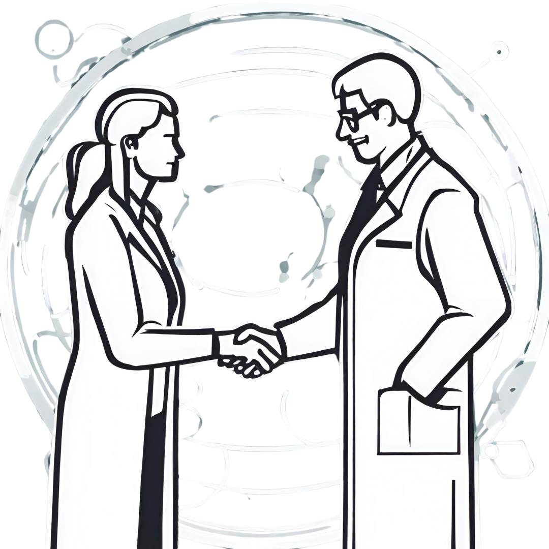 Ilustración de dos personajes animados de laboratoristas, con contorno negro y relleno blanco, dándose la mano.
