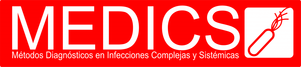 Fondo Rojo con letrero blancas de MEDICS y un cuadrado blanco con una bacteria